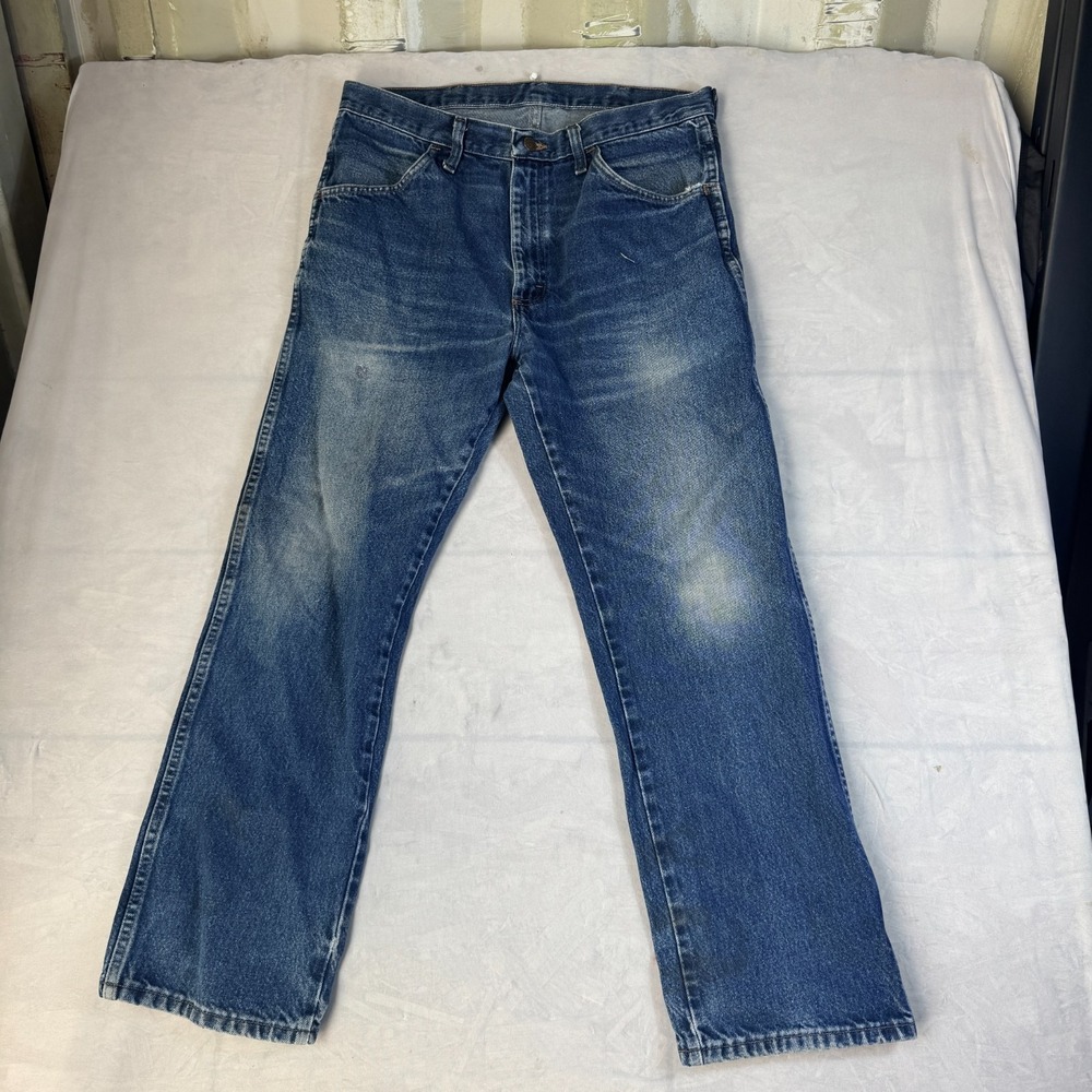 Vintage Rustler Mens Blue Whisker Denim Relaxed Fit Classic Straight Jeans 34x29